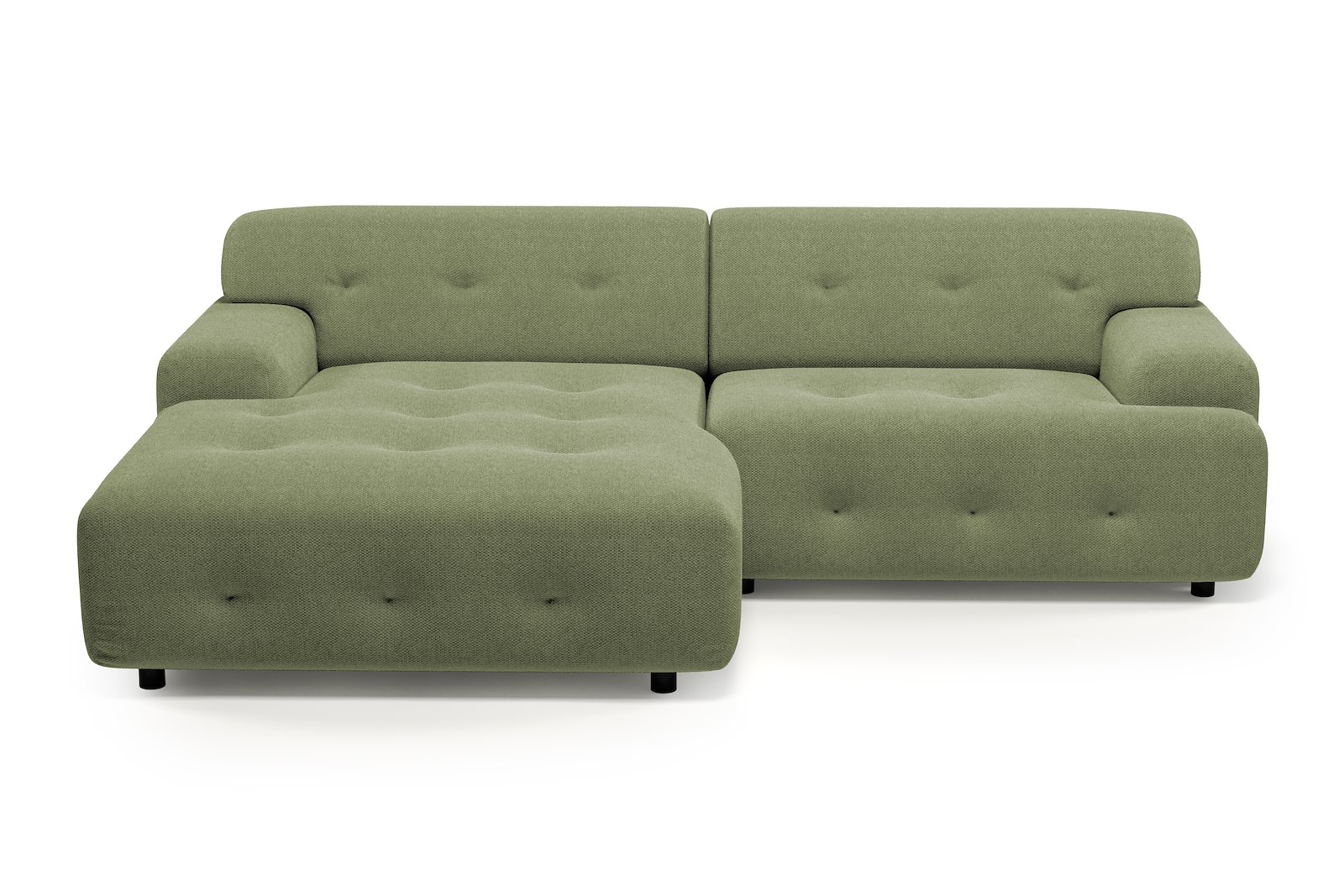 Bob sofa 1,5-seter med sjeselong venstre. Tekstil Mito 55 Pale Green med sorte ben.