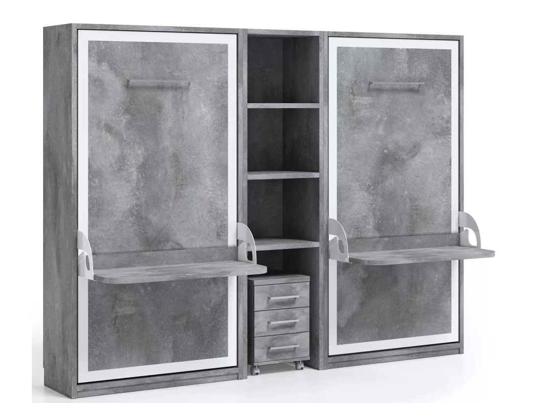 Lit escamotable verticale 140x190 avec bureau Studante-Façade Noyer