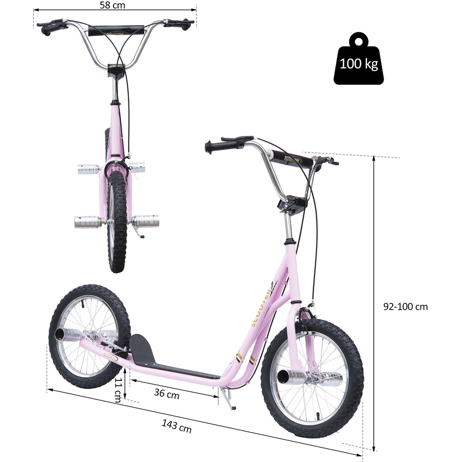 HOMCOM Kinderroller Mit Handbremse, extra dicker Luftbereifung, Höhenverstellbarer Lenker rosa