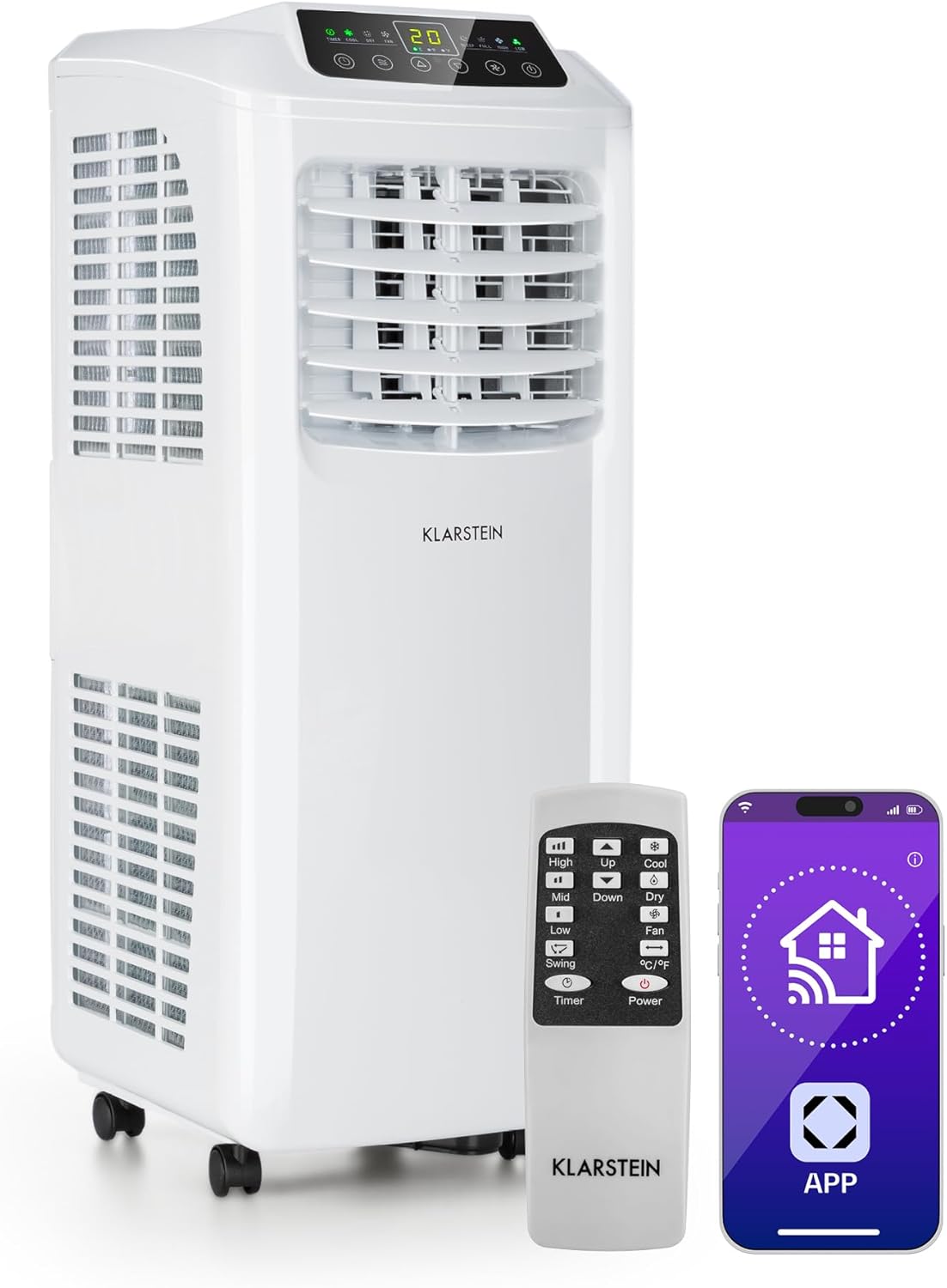 Klarstein Mobile Klimaanlage mit Abluftschlauch, 3-in-1 Klimagerät mit Ventilator & Luftentfeuchter, Kleine & Portable Klimaanlage für Wohnung & Büro, mit Nachtmodus & App-Steuerung, 9000 BTU