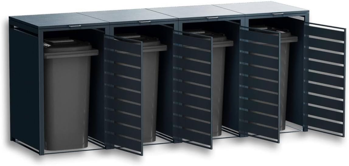Metzler Mülltonnenbox in Anthrazit & Holzoptik 4er 240L, Mülltonnenverkleidung 4 Tonnen, witterungsbeständiger und pulverbeschichteter Stahl mit Automatikdeckel, abschließbar, Garten- und Müllbox