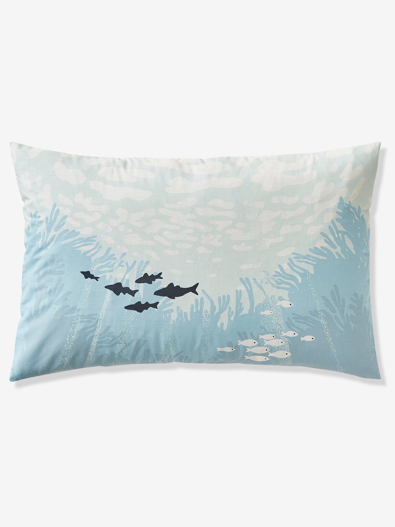 Conjunto infantil de capa de edredom e fronha, azul-marinho liso com estampas.