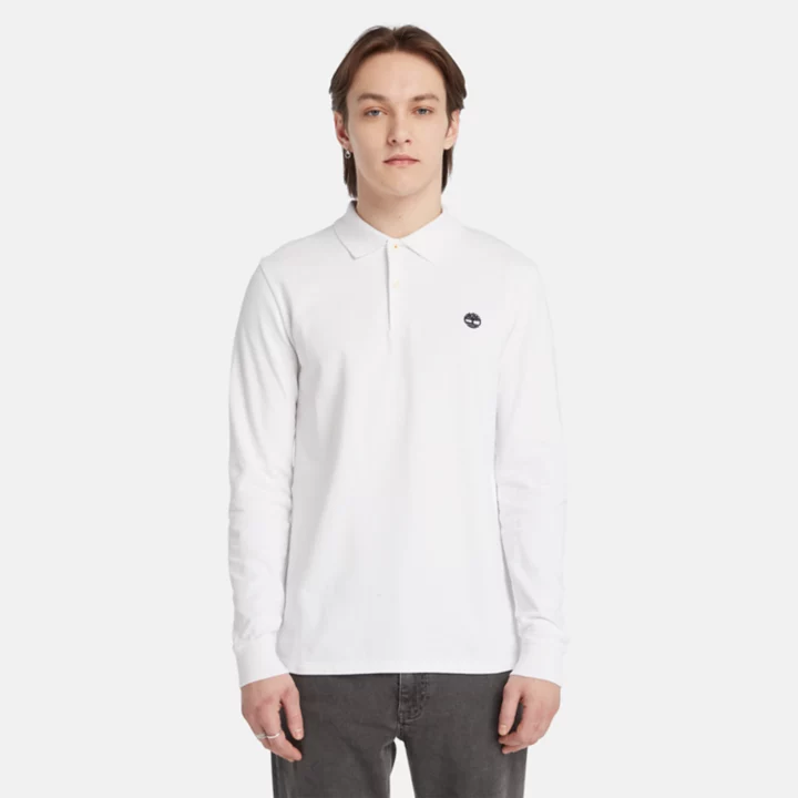 Camisa polo de manga comprida Millers River em piqué para homem, na cor branca.