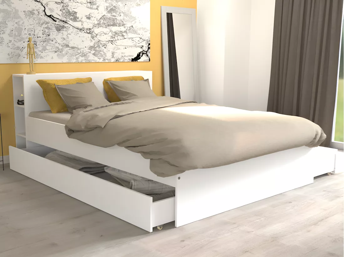 Lit avec tête de lit rangements et tiroirs 140 x 190 cm - Blanc + Sommier - EUGENE