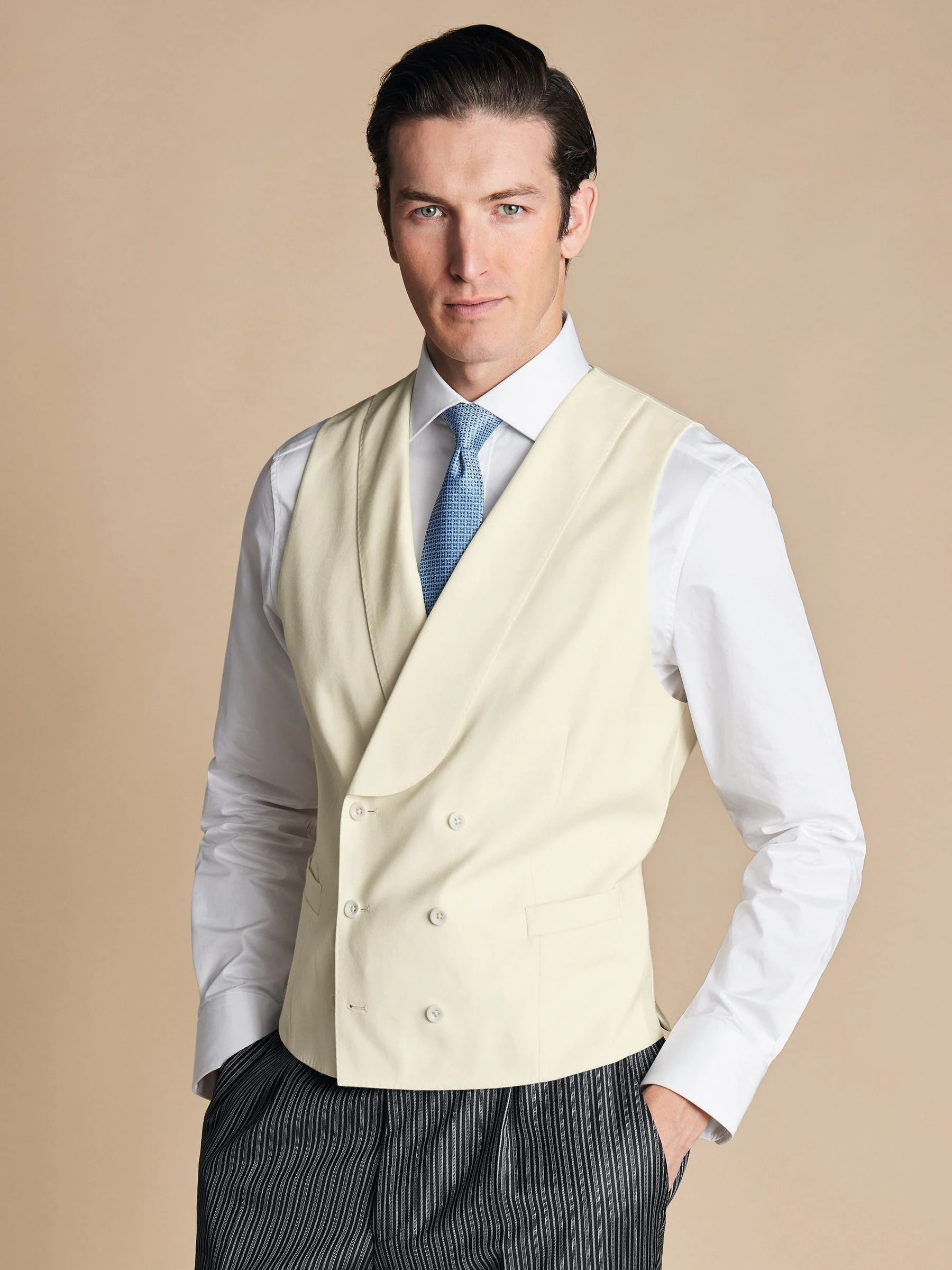 Crème - Charles Tyrwhitt Morning V2 kostuum met verstelbare pasvorm: herenvest
