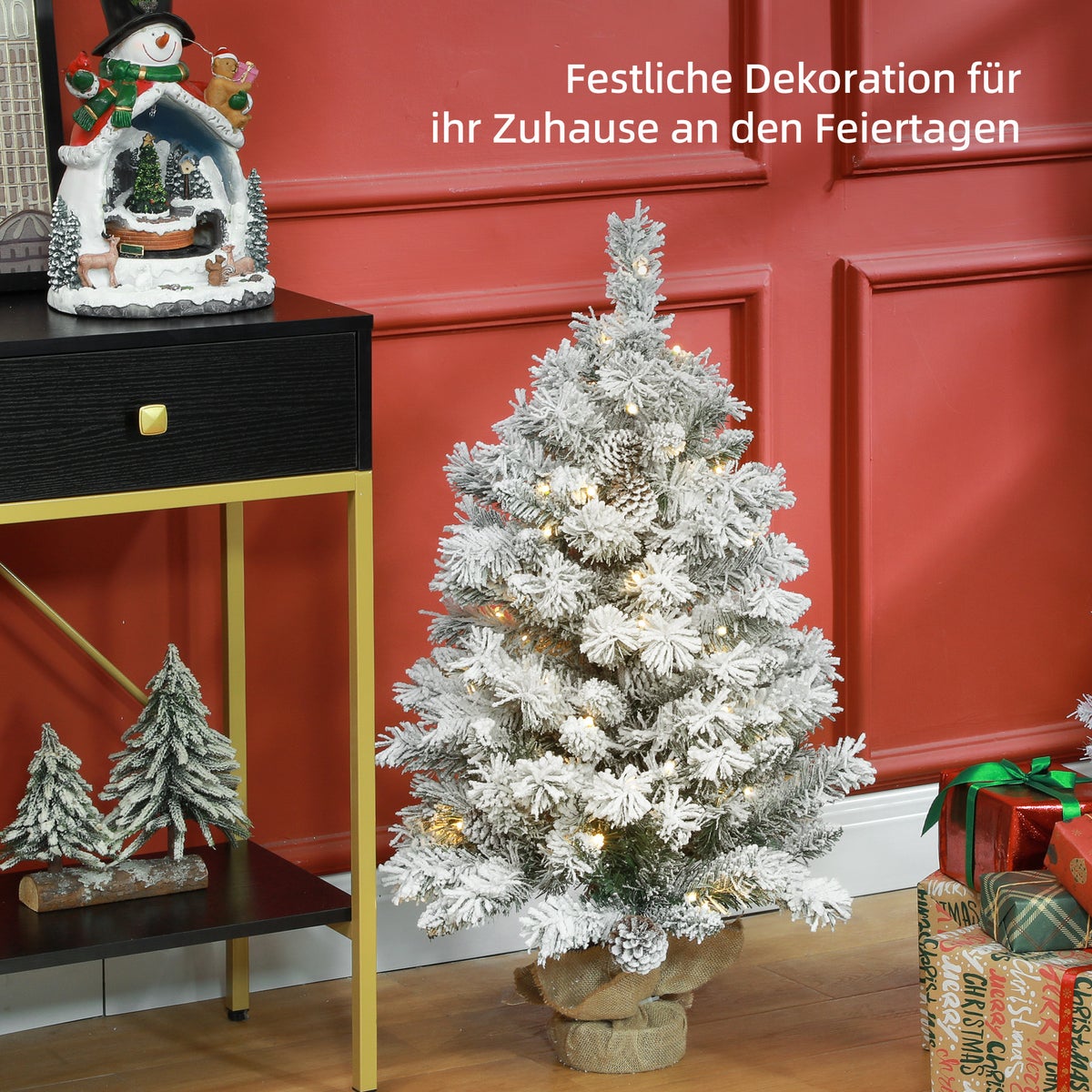 HOMCOM Kunstkerstboom, 90 cm kerstboom met 133 tips, 50 warmwitte LED-lampjes, betonnen voet, voor kerstversiering, groen