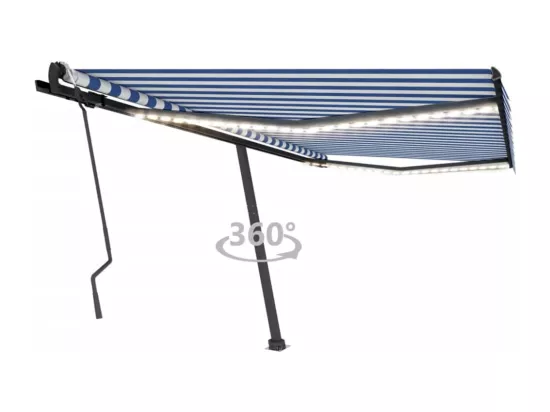 Auvent manuel rétractable avec LED 400x300 cm Bleu et blanc