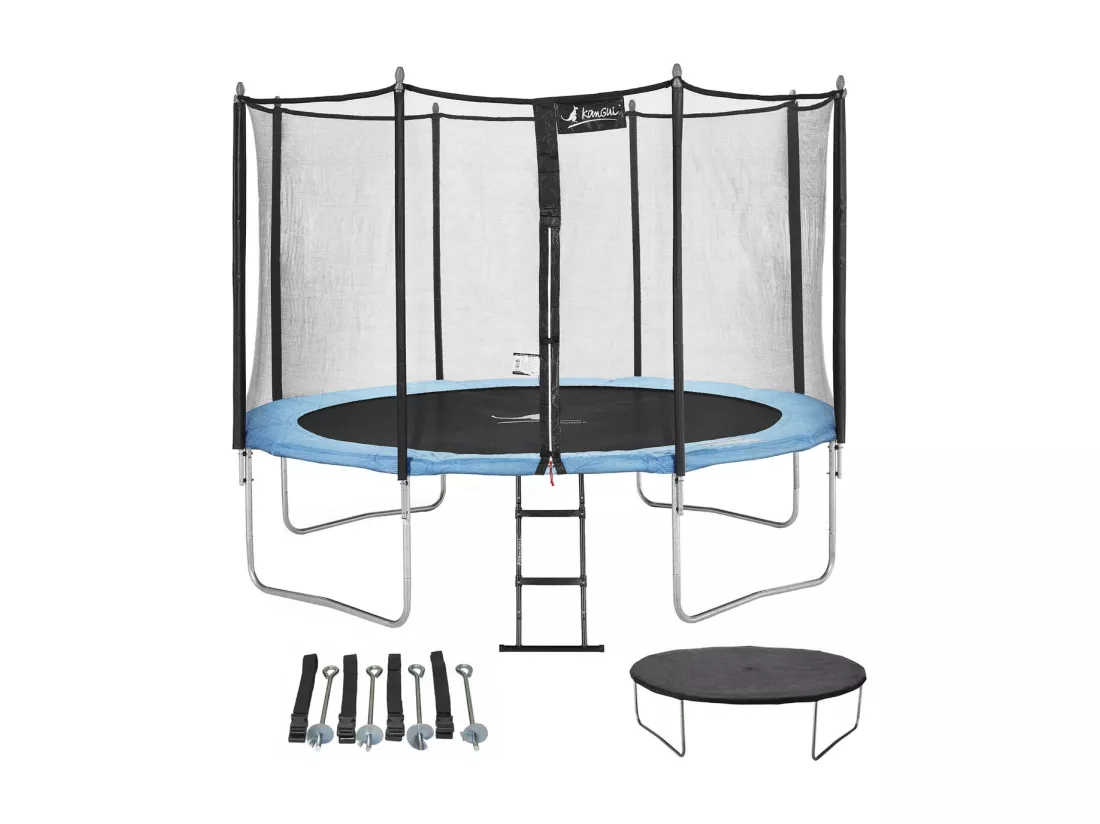 Kangui - Trampoline de jardin 366 cm + filet de sécurité + échelle + bâche de protection + kit d'ancrage | Normes EU | Montage facile