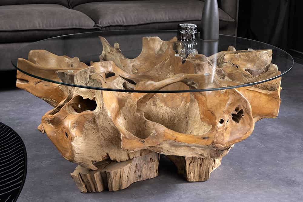 Runder Couchtisch ROOT 100cm natur Teak Massivholz aus Wurzelholz mit Glasplatte