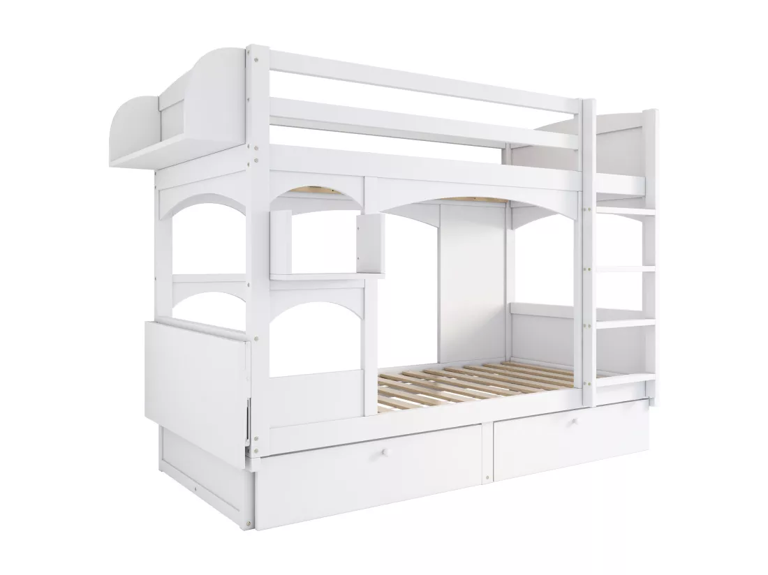 Lit superposé blanc pour enfants 90*200, en bois massif, avec table pliante et étagère, avec échelle et 2 tiroirs, sans matelas