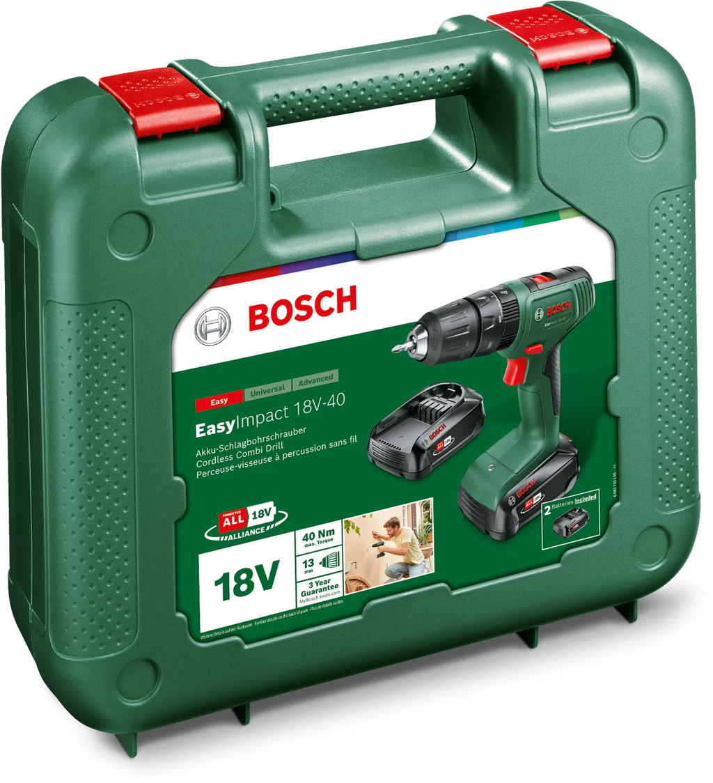 Bosch Home & Garden  EasyImpact 18V-40, 2 x 1,5Ah    Leistungsstarker Akku-Bohrschrauber zum Schrauben, Bohren & Schlagbohren