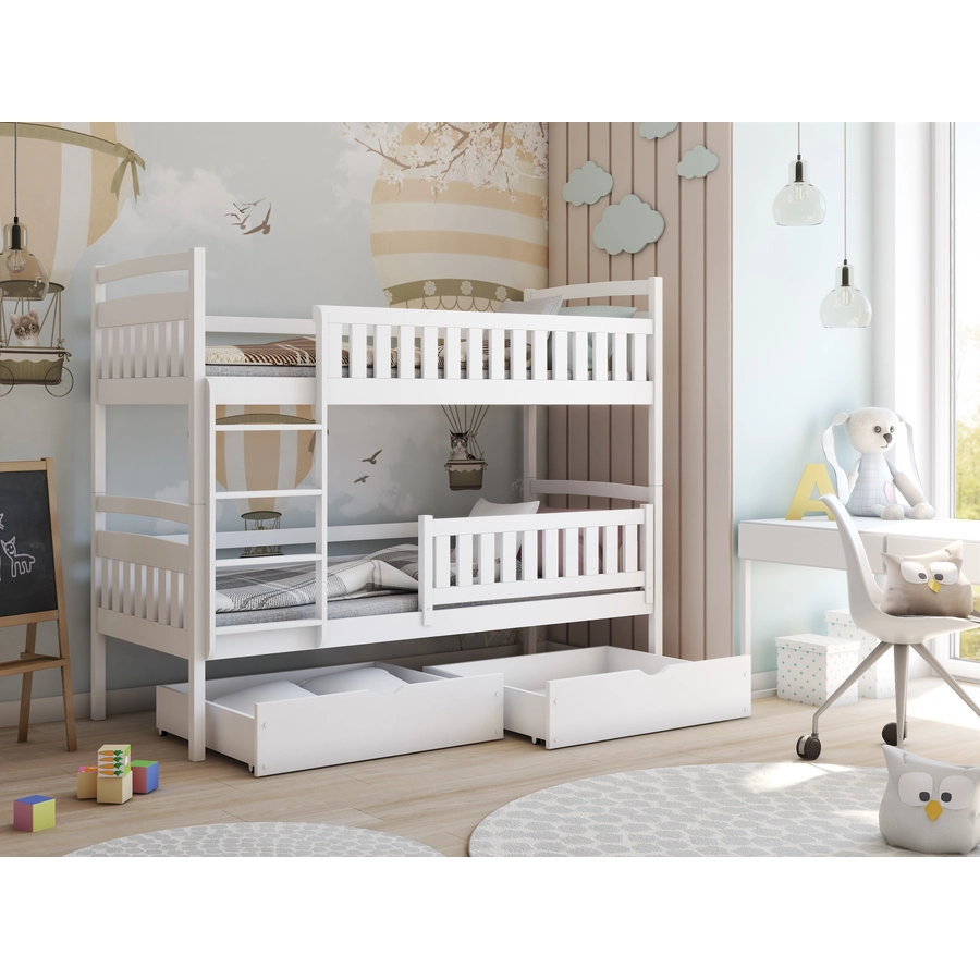 Kids Collective Hochbett 80x180 | 90x200 Etagenbett mit 2 Schubladen, Lattenrost, Rausfallschutz weiß mit Schublade