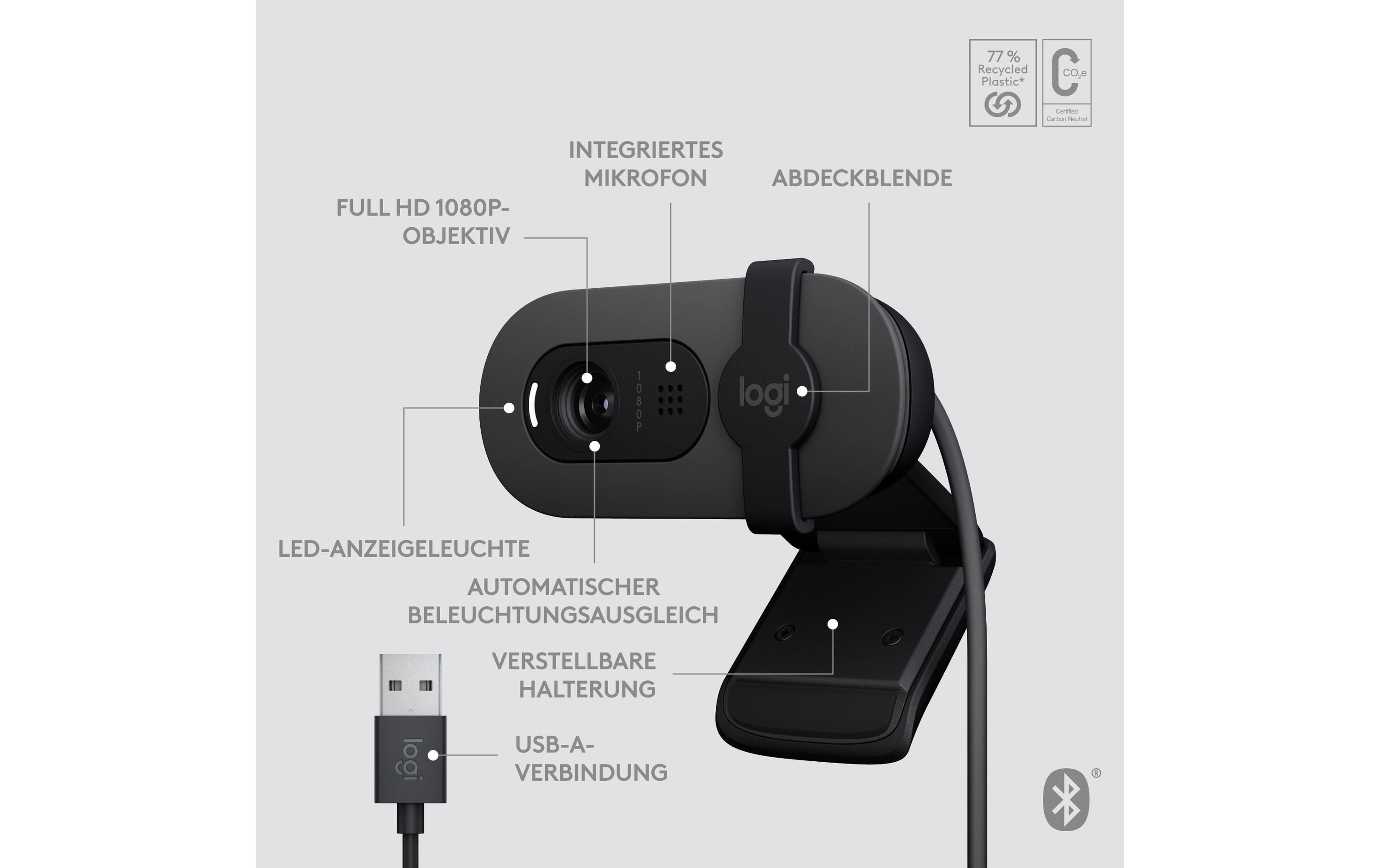 Webcam Brio 105 Full HD 1080p 30 fpsEine Full HD-Business-Webcam mit 1080p, automatischem Lichtausgleich und integrierter Abdeckblende