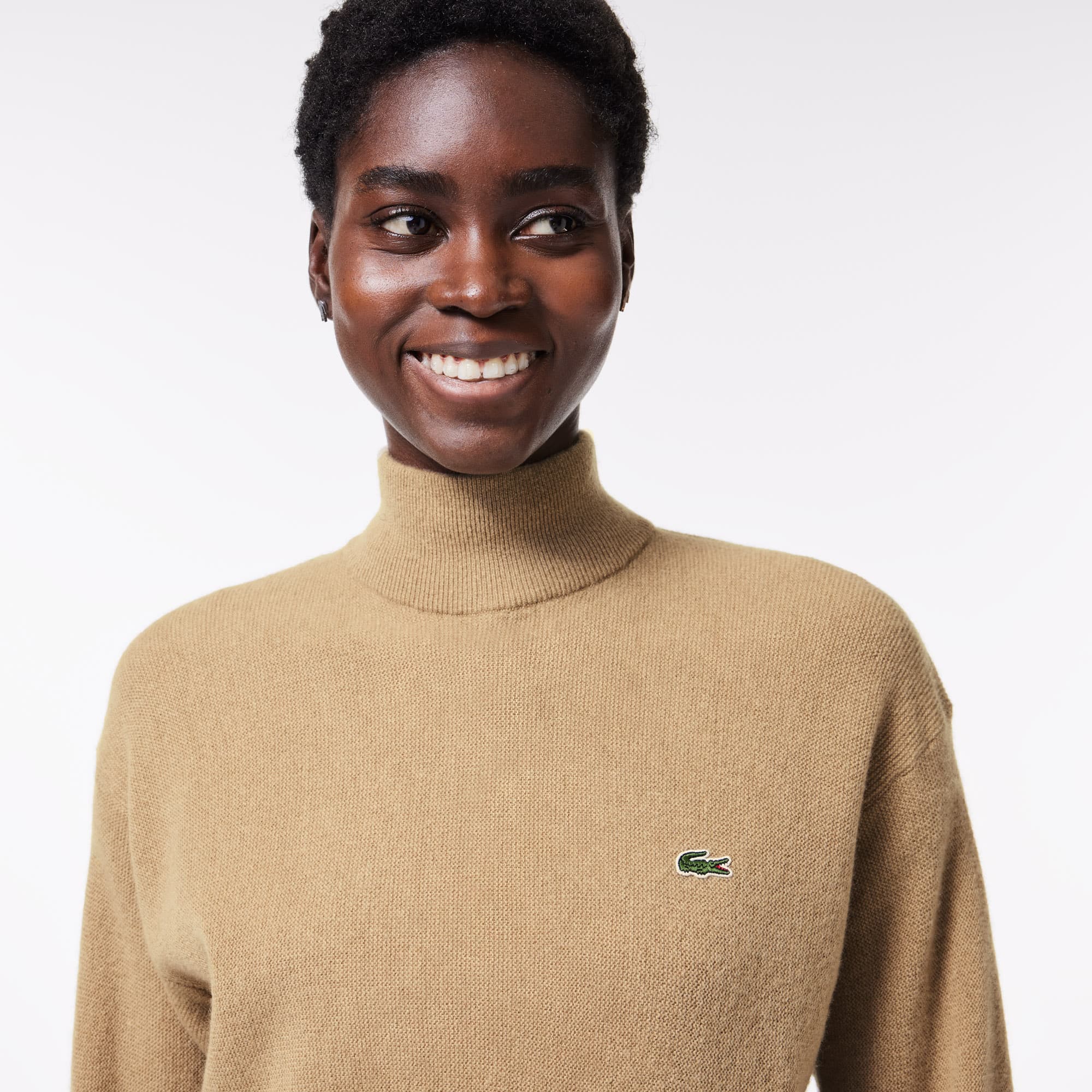 Pull Lacoste femme col montant en laine Pullovers - Marron - Lacoste - Femme