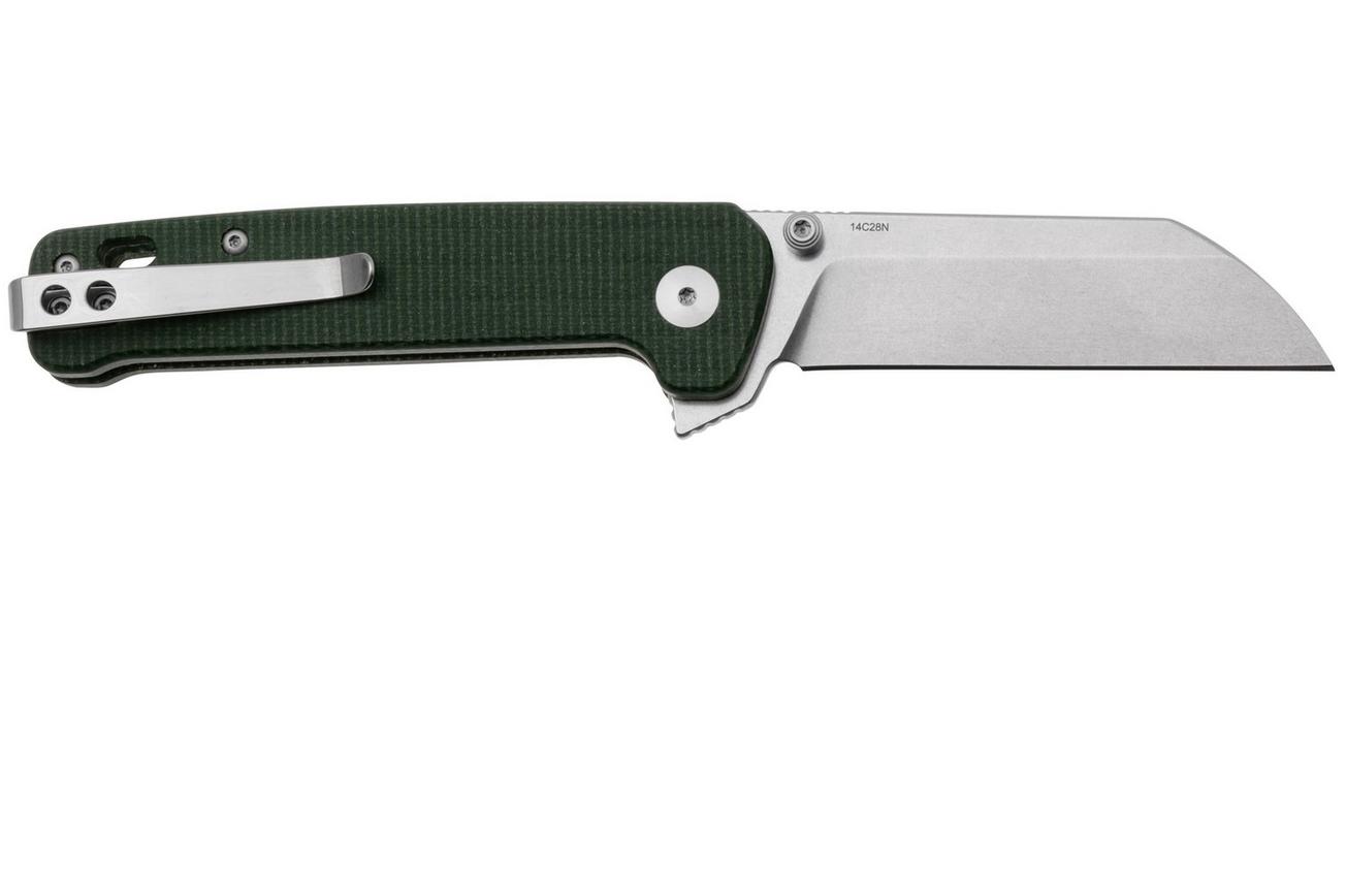 QSP Knife Penguin Button Lock QS130BL-C1 Satin, Green Micarta, zakmes
