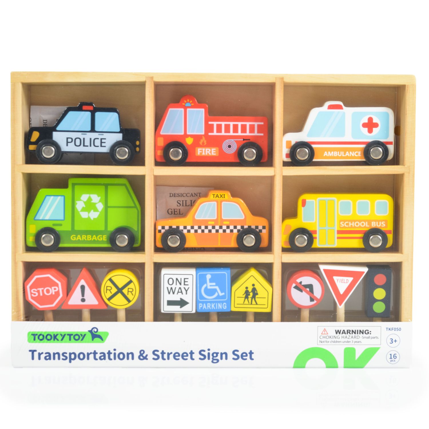 Tooky Toy Spielzeugautos 16-teilig TKF050 Holz-Setzkasten, Transport, Schilder bunt