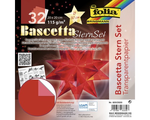 Bascetta sterrenset, transparant papier 20x20 cm rood