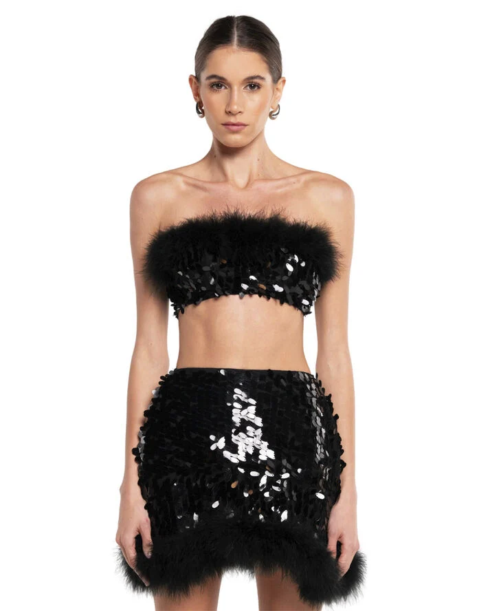 OW Collection VIRGO Sequin Feather Top Black caviar