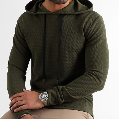 Sweat Capuche Oversize Texturé Waffle 0592 Vert Kaki