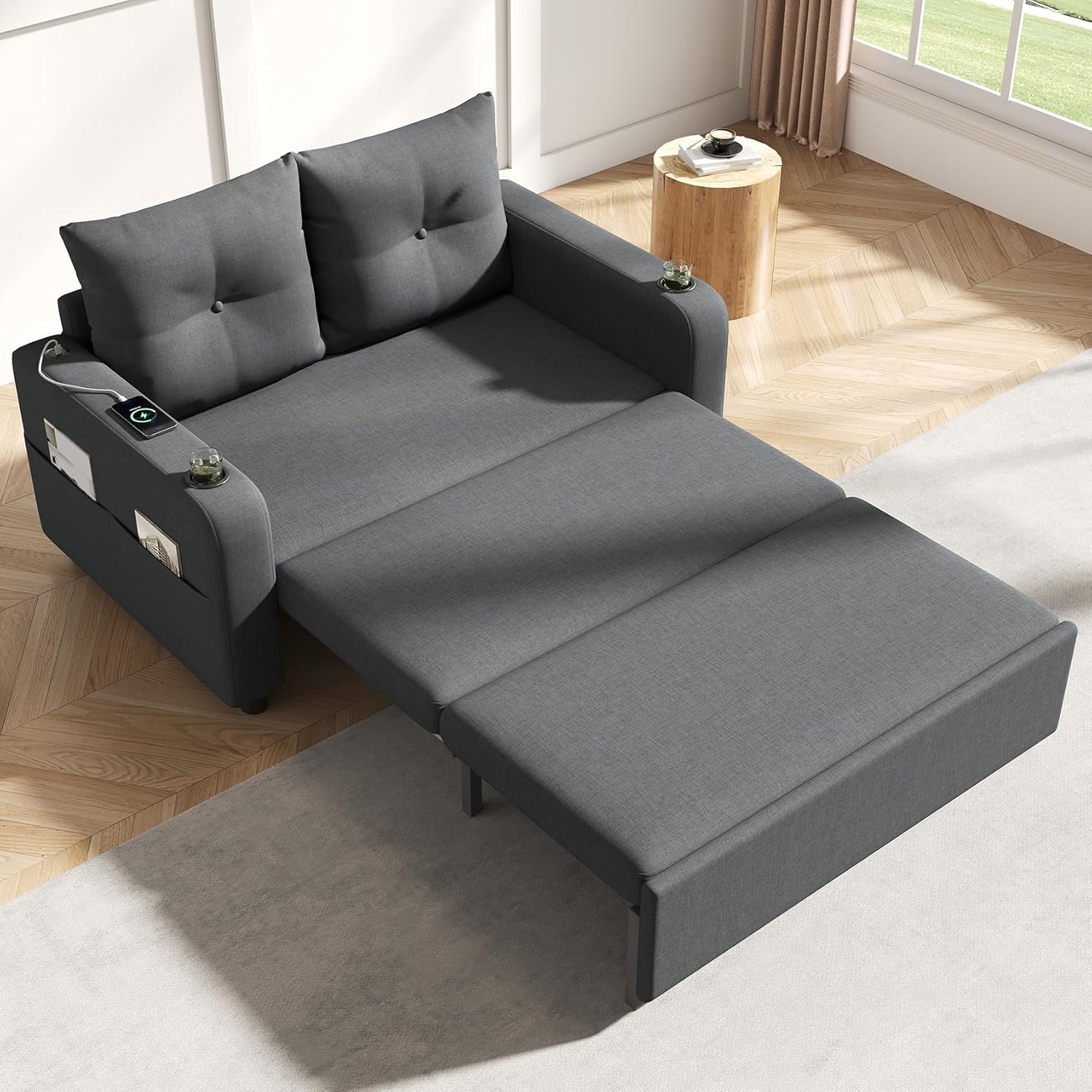 3-in-1 Schlafsofa, ausziehbares Sofa Bett mit Schlaf-Funktion, Doppelsofa mit Getränkehalter, Seitentaschen, Kissen und USB-Anschluss, modernes Design, geeignet für Wohnzimmer und Schlafzimmer (Grey)