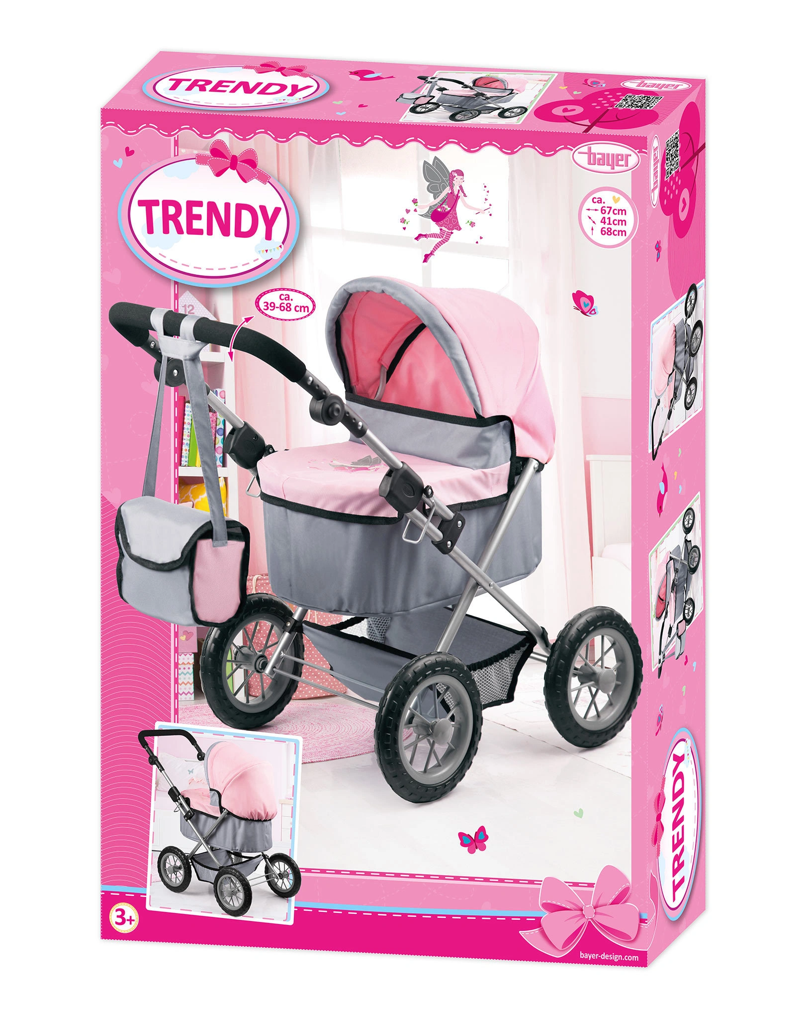 Puppenwagen TRENDY FAIRY mit Tasche in grau/rosa
