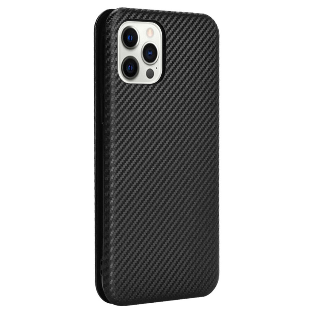 iPhone 13 Pro Leder Tasche Flip Cover Carbon Look - Schwarz