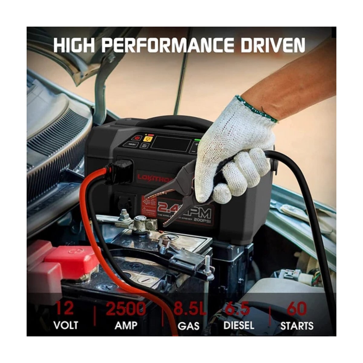 LOKITHOR Lithium Startbooster 2500A med 150 PSI Luftkompressor og 1.5 MPA bærbart høytrykkspylersett