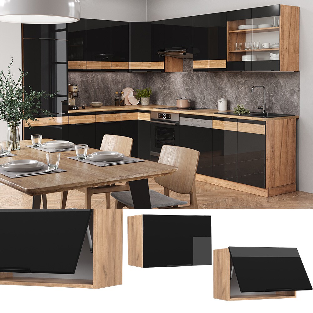 Vicco Hängeschrank Küchenschrank Küchenmöbel Fame-Line Eiche Schwarz 60 cm flach modern Hochglanz