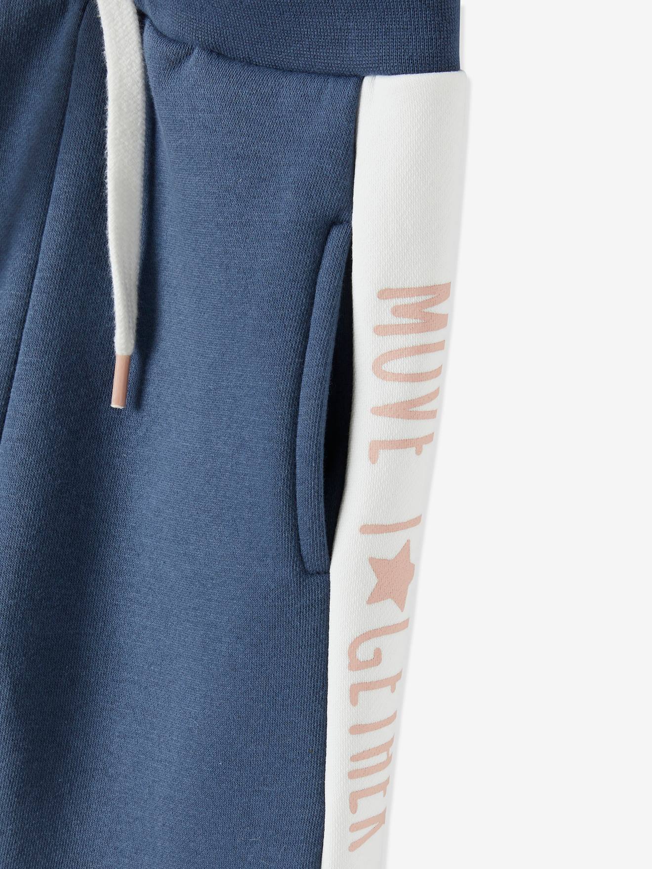 Calça de moletom com listras laterais, para meninas, azul escuro liso com estampas.