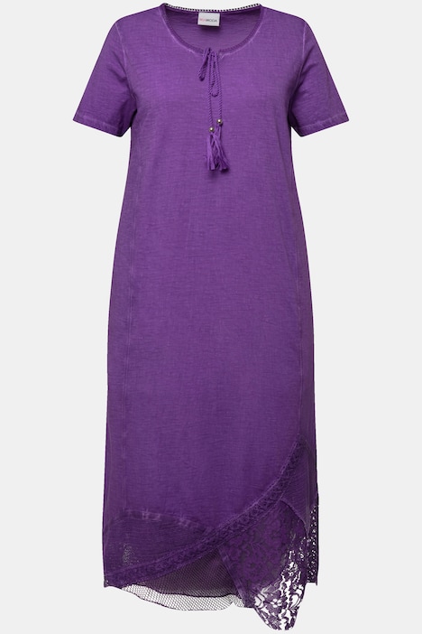 Maxi-Jerseykleid, Druck am Zipfelsaum, Rundhals mit Bindeband