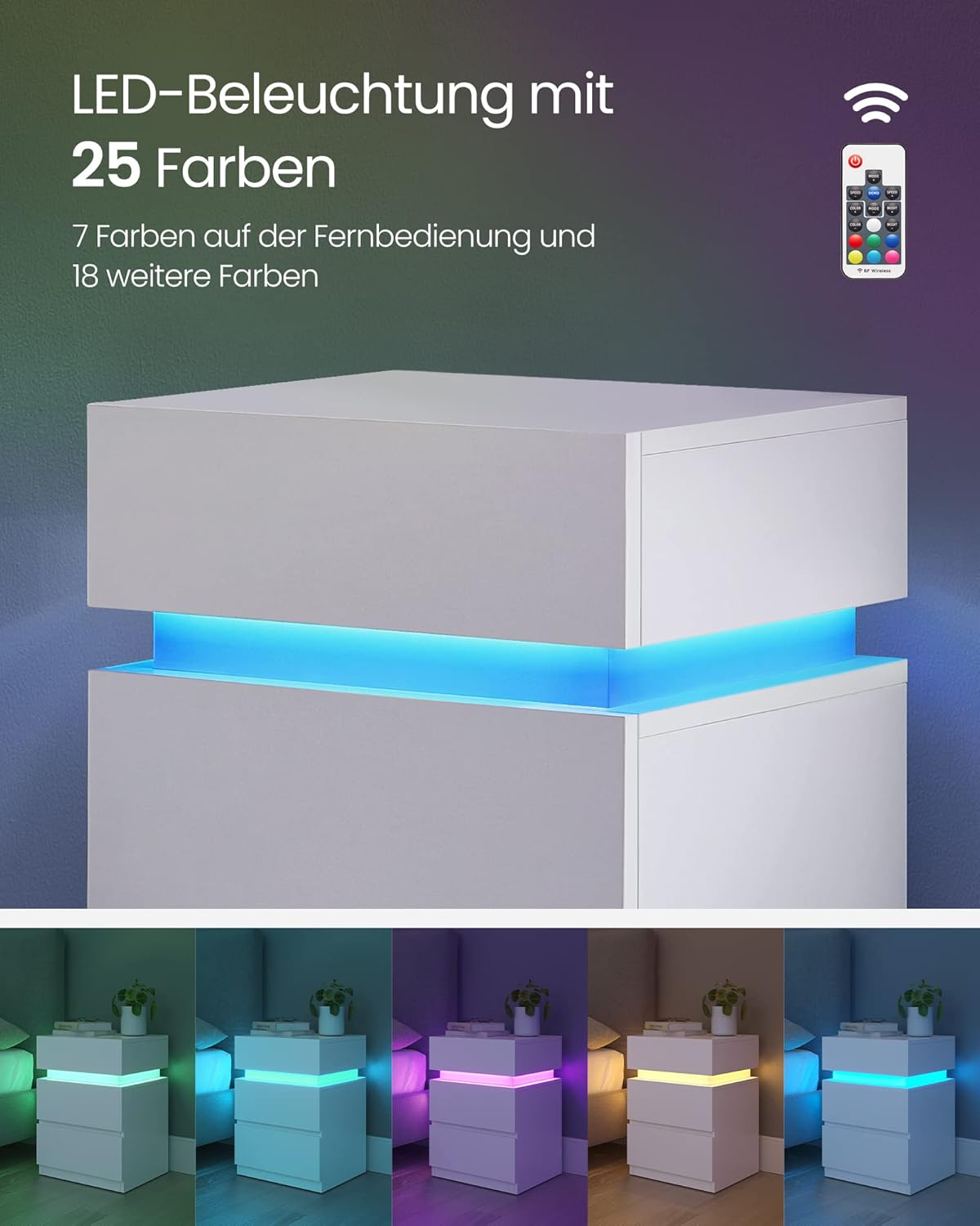 VASAGLE Kailyn Kollektion - Nachttisch 2er Set, LED-Beleuchtung, Beistelltisch, Sofatisch 3 Schubladen, Nachtschrank Schlafzimmer Wohnzimmer, modern, 35 x 40 x 55 cm, wolkenweiß LET0830W01