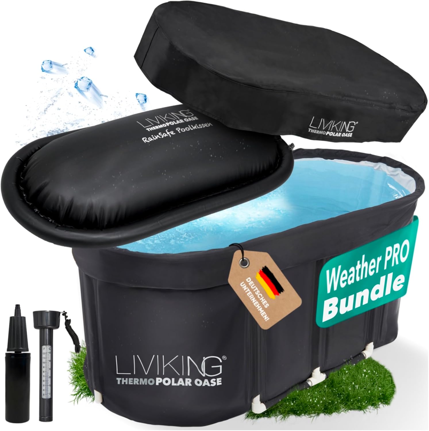 Eisbad + Faltbare Badewanne Erwachsene [120 cm - KOMFORT BUNDLE] Eisbaden Tonne, Mobile Badewanne Outdoor & Eistonne – Jetzt Eintauchen! (WeatherPro Bundle, schwarz)