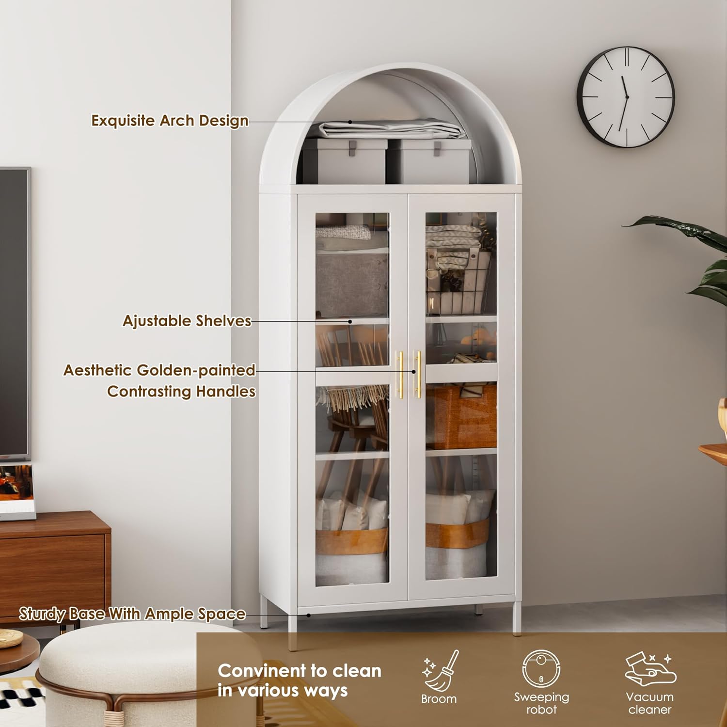 185 cm Metallschaukasten, Vitrinen-Schrank mit Gewölbtem Oberteil, mit 2 Glastüren und 2 Regalen, Küchenschrank, Glasvitrine für Wohnzimmer und Schlafzimmer, Weiß