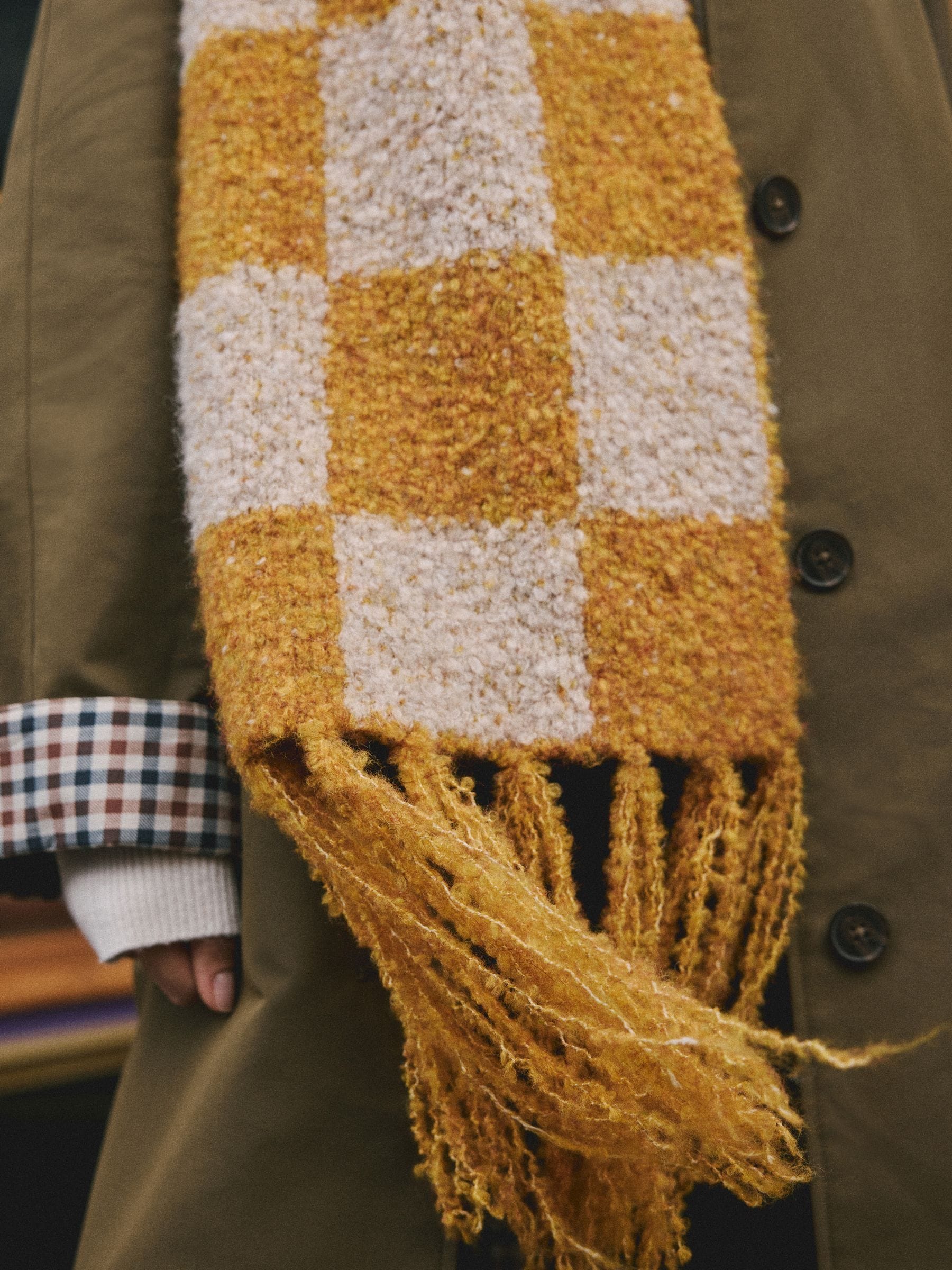 Okergeel - Checkerboard Boucle Knitted Heavweight Scarf
