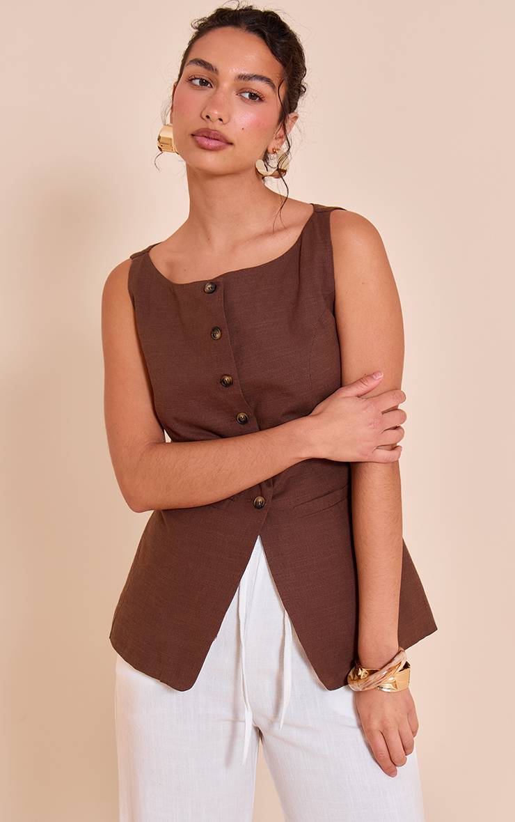 Chocolat Gilet Long Sans Manches À Encolure Carrée Aspect Lin
