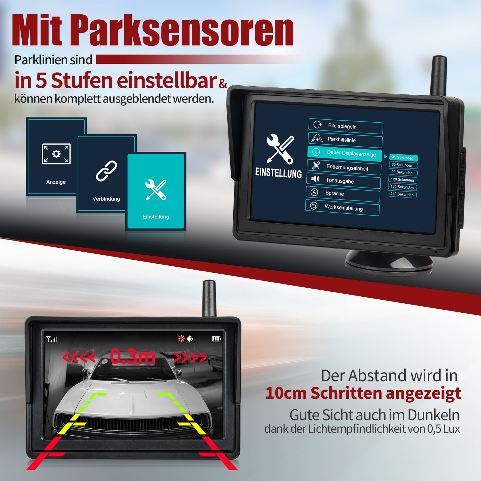 CARMATRIX Duo Solar Rückfahrsystem HD Rückfahrkamera im Nummernschild mit PDC Sensoren für Vorne und Hinten
