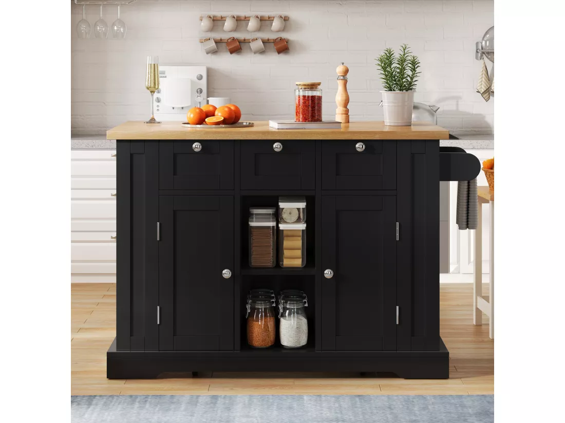 Ilot central de cuisine mobile avec 3 tiroirs, 2 portes et étagères - plateau extensible - 132 x 40/70 x 87 cm - Bois MDF - Noir + naturel