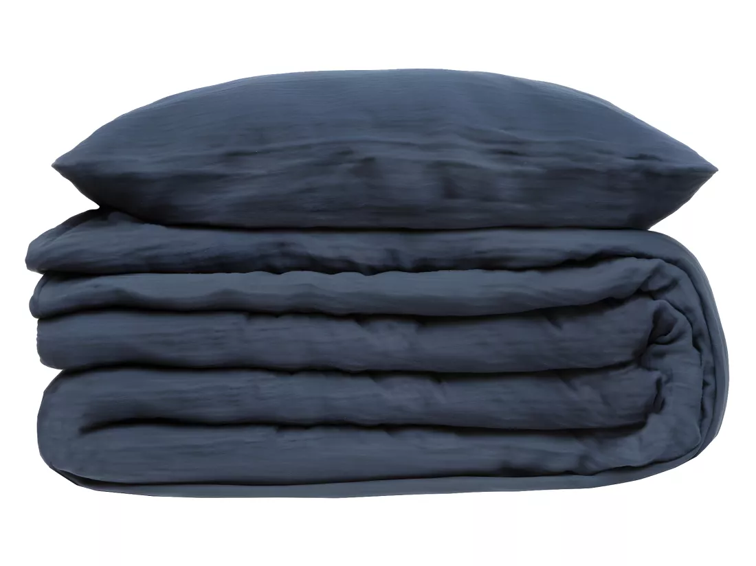 Parure de lit 2 Personnes en gaze de coton Bleu Gris 260 x 240 cm Housse de couette avec 2 taies