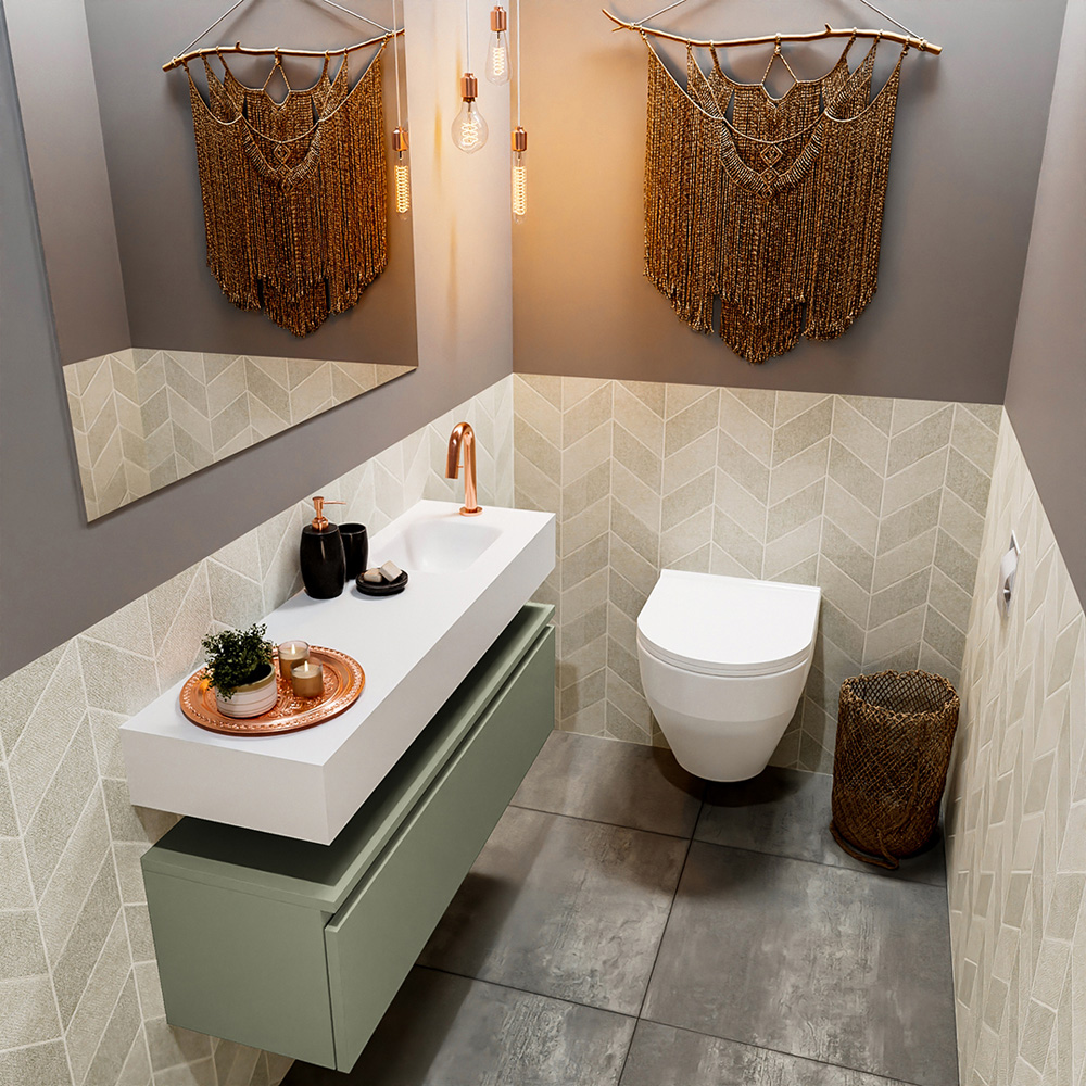 Mondiaz Andor toiletmeubel 100cm army met witte wastafel rechts met kraangat