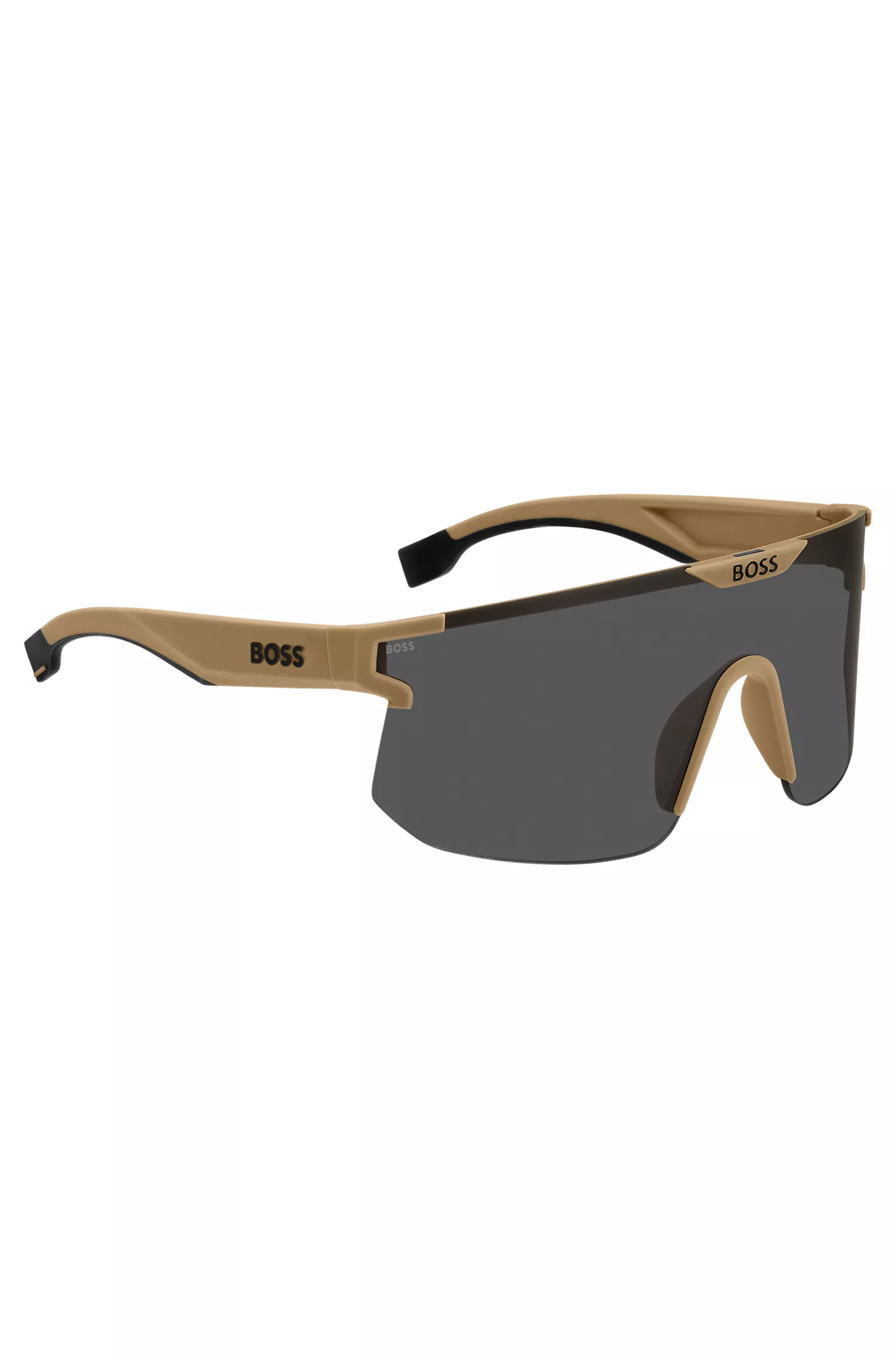 Óculos de sol BOSS Black-Camel estilo máscara com hastes e ponte personalizadas.