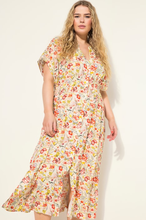Maxikleid, A-Line, Flowerprint, Knopfleiste