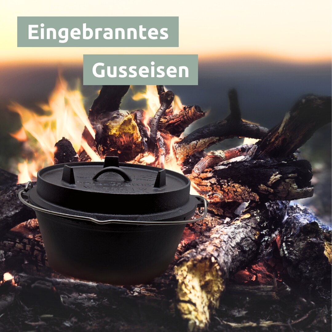 holz4home® Dutch Oven Set 6-teilig I eingebrannter Feuertopf 9L aus Gusseisen I inkl. Pfanne, Topfständer, Deckelheber und Reinigungsbürste