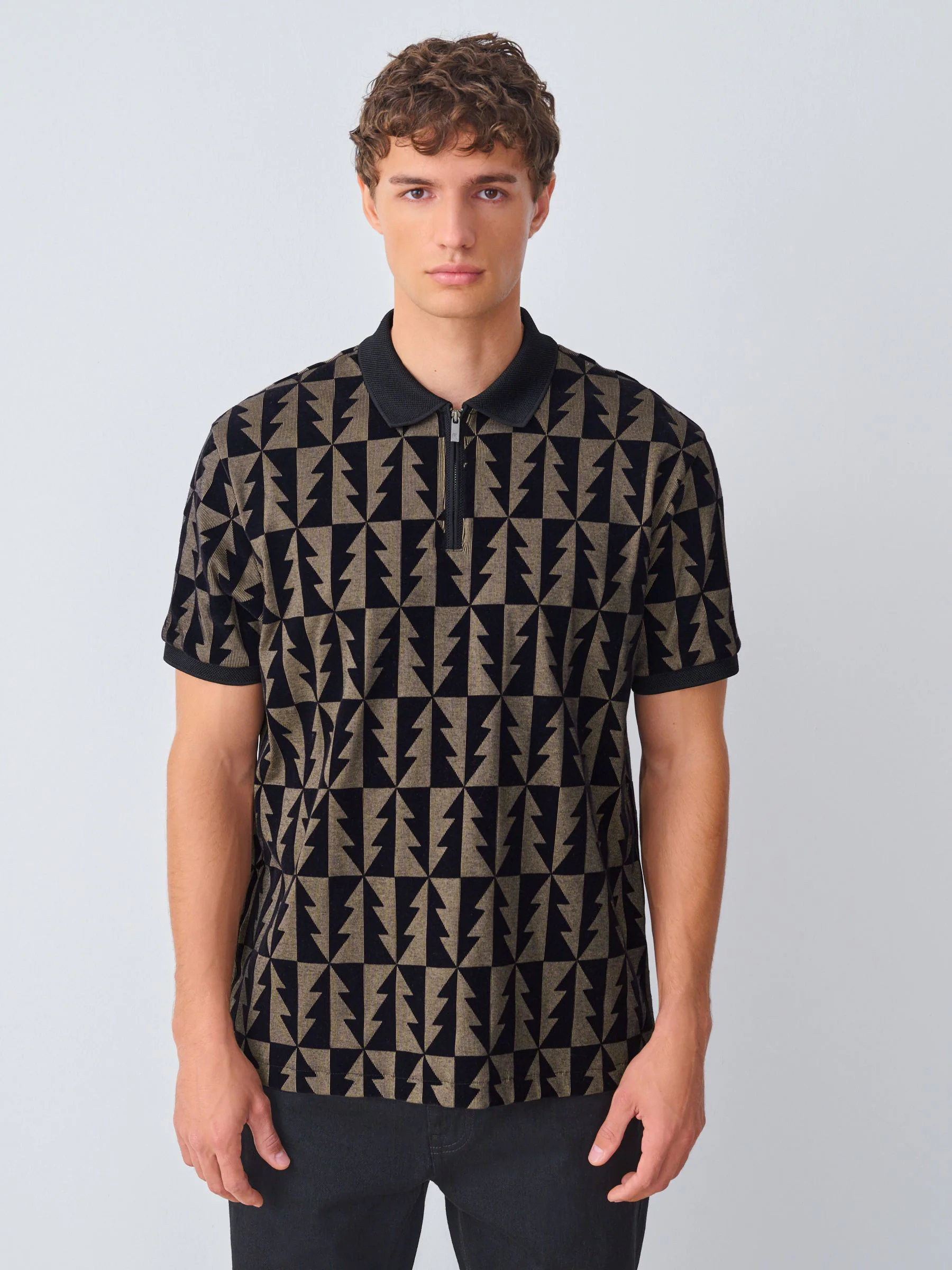 Zwart/goud kerstboom - Kwart poloshirt met gevlokte ritssluiting