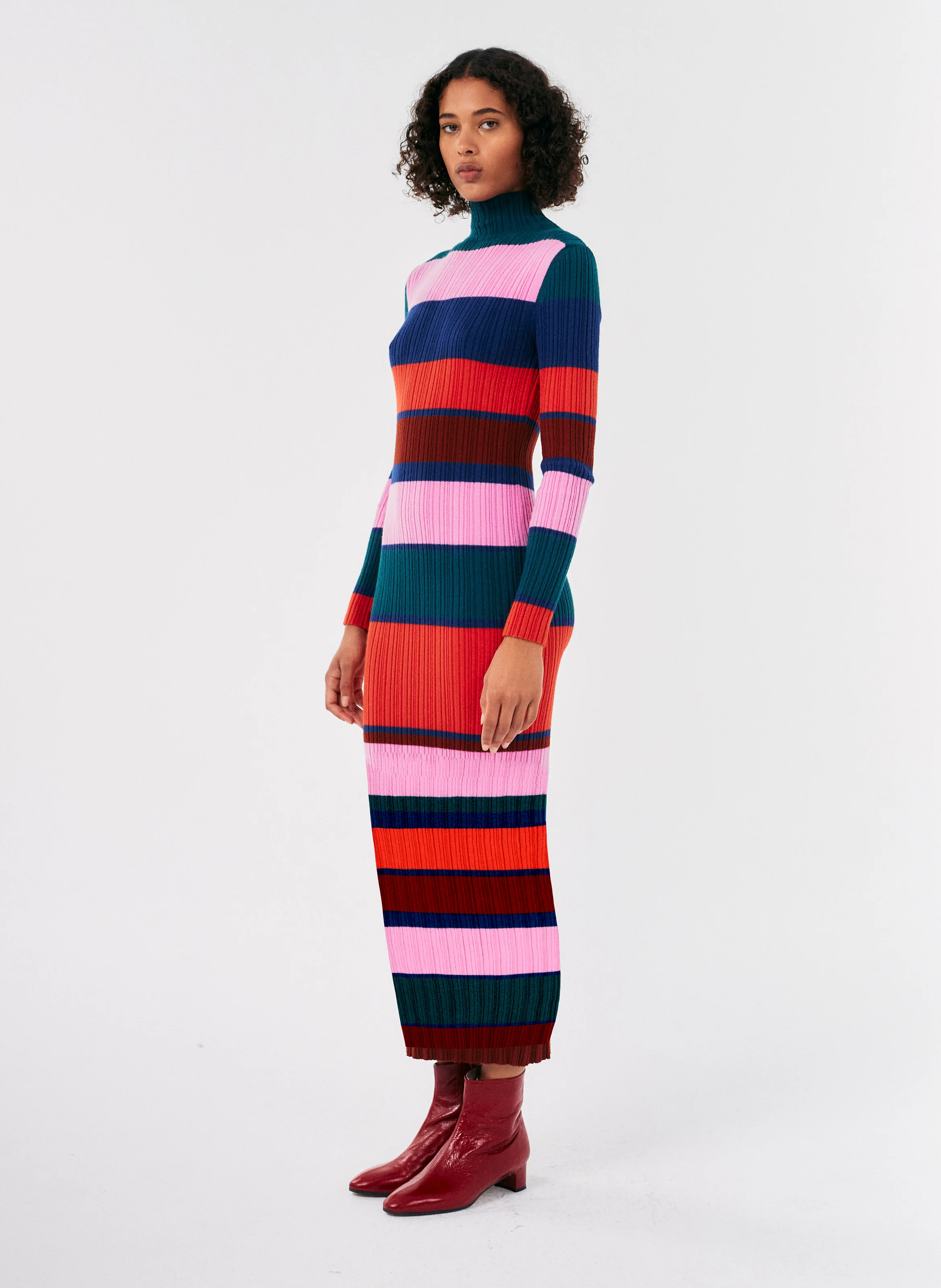Robe longue col montant à rayures | Multicolore