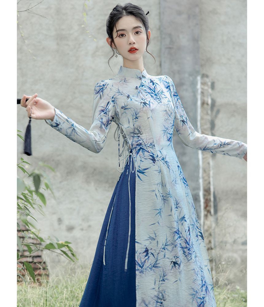 Nebbia - Traditionele Chinese set: Lange mouwen, opstaande kraag, print kikker, knoopsluiting, strik aan de zijkant, lange top + hoge taille, effen midi-A-lijn rok