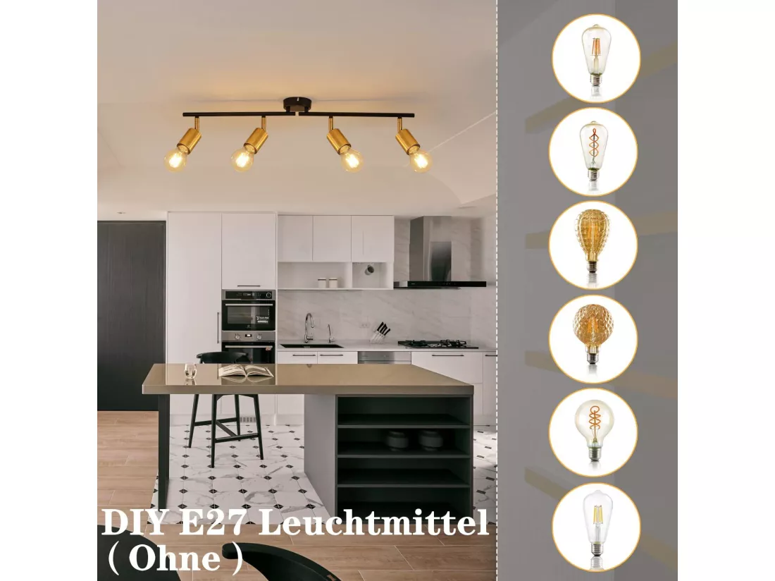 NETTLIFE 4 Spots Plafonnier Vintage à E27 Noir et Or Rotatifs Style Industriel Rétro pour Salon Chambre Cuisine Couloir Salle à Manger
