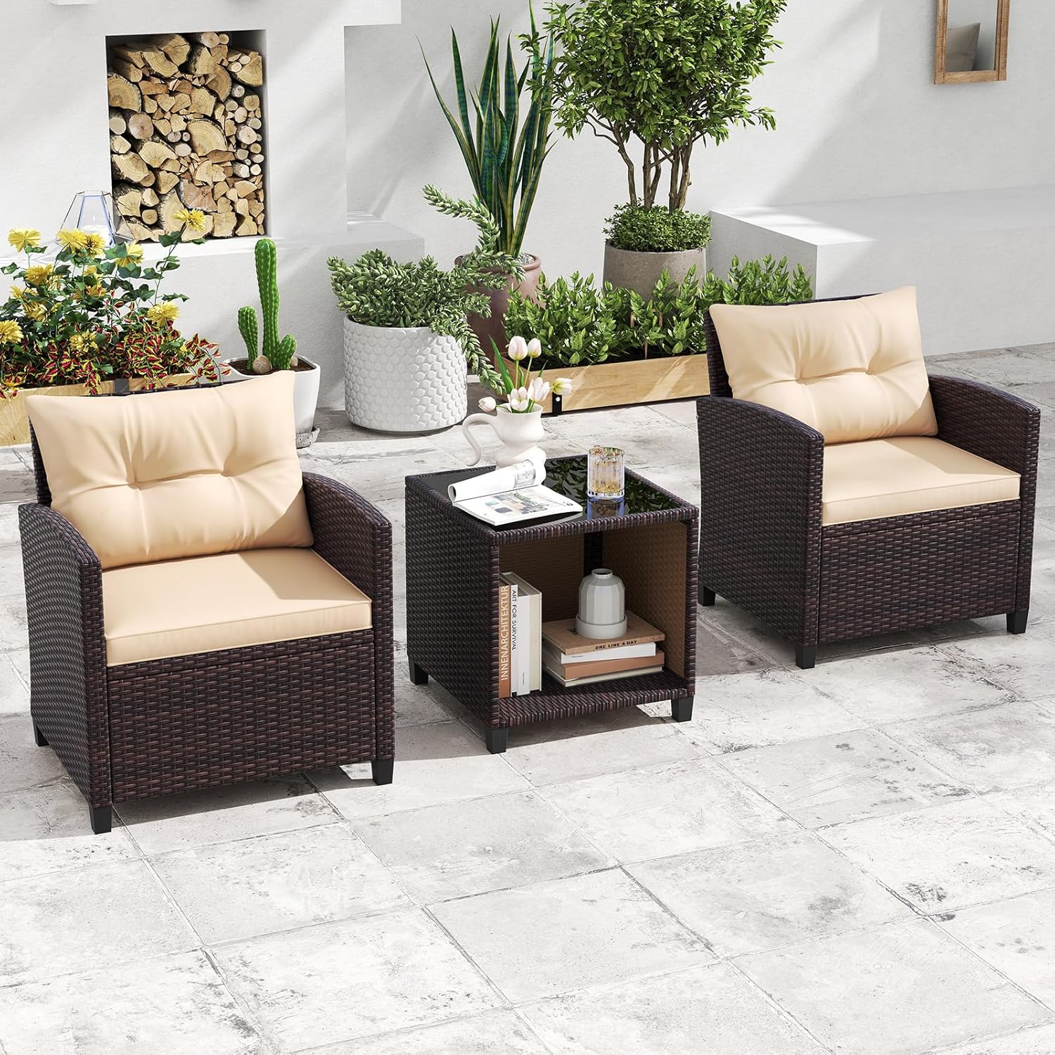 COSTWAY Gartenmöbel Set, Rattan Balkonmöbel inkl. 2 Stühle mit Sitzkissen & Tisch, Gartenlounge Outdoor, Sitzgruppe Set, 3-TLG. Terrassenmöbel Wetterfest für Balkon, Terrasse, Garten, Braun