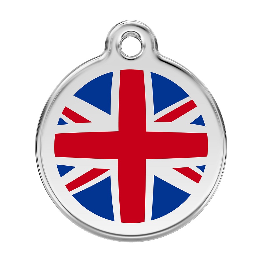 Placa de identificação para cães em aço inoxidável esmaltado com a bandeira azul do Reino Unido.