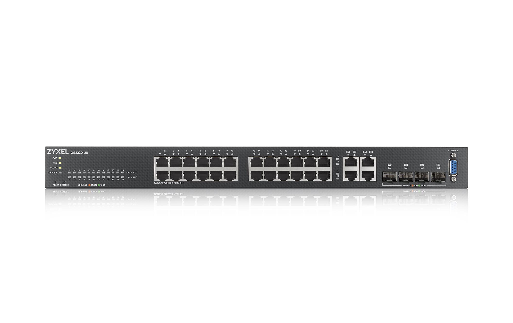 Switch GS2220-28 28 Port<br>28-Port-GbE-Switch, Layer 2 managed, 24x GbE RJ-45 Ports, 4x GbE Combo-Port, lüfterlos