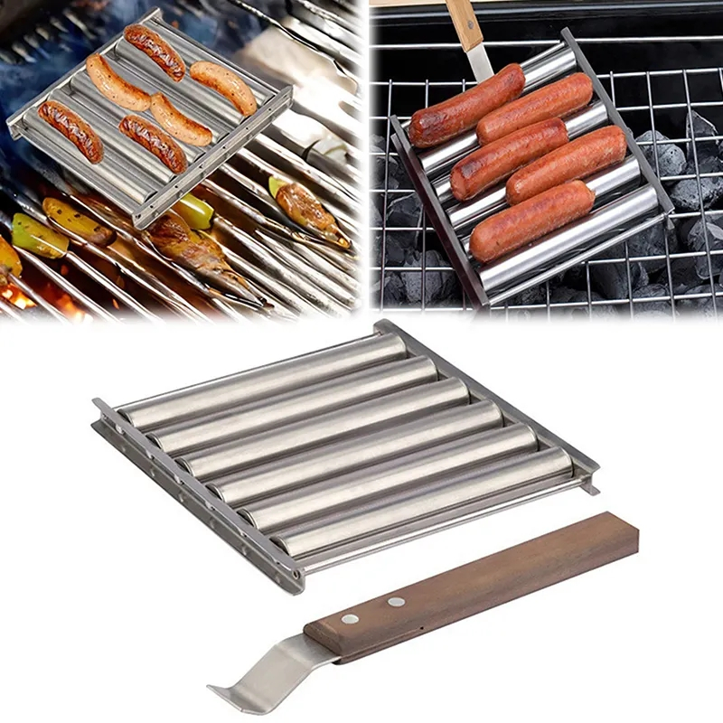 Edelstahl Hot Dog Rack Wurst Roller BBQ Grill Zubehör Bratwurst Gestell mit Holzgriff